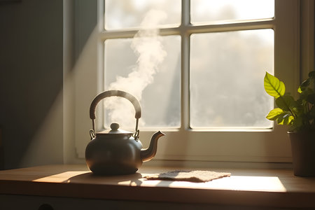 The Smoke from the kettle by the window in the kitchenの素材