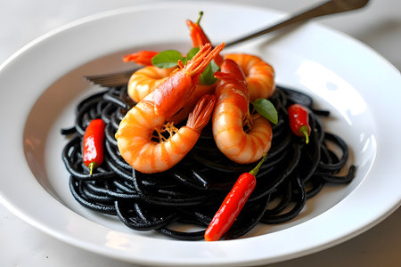 The Black spaghetti with shrimp, orange shrimp eggs and spices, ready to eatの素材