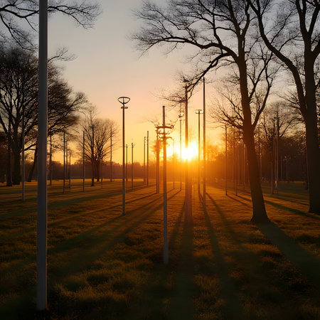 electric poles with solar cells in the park behind a bright blue sky. a little cloudyの素材