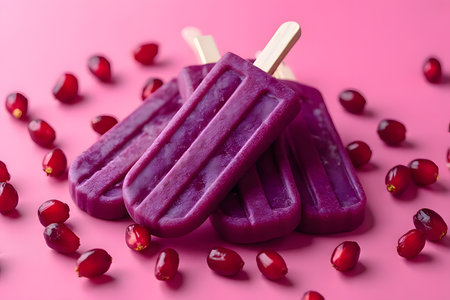 The Purple popsicles on a background with lots of fresh pomegranate seedsの素材