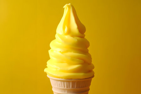 the yellow ice cream is in a cone, with a background of pineapplesの素材