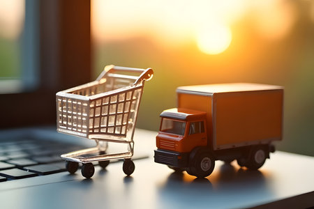 model of a parcel delivery truck placed next to a computer with a small shopping basket as an online modelの素材