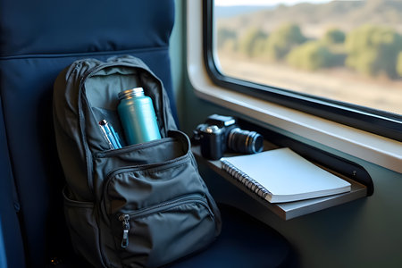 The backpack with a water bottle, notebook, a pair of sneakers, headphones and a music playerの素材