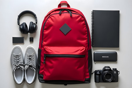 The backpack with a water bottle, notebook, a pair of sneakers, headphones and a music playerの素材