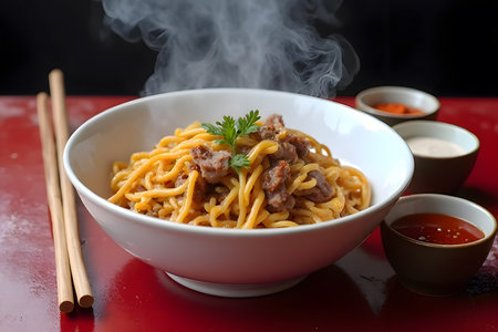 A close-up shot of a steaming bowl of dry egg noodles topped with sliced roasted pork, fresh cilantro, and accompanied by various condiments on a rustic wooden tableの素材