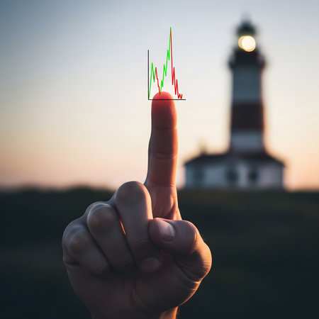 Concept of navigating market volatility: A finger interacts with a dynamic stock chart, with a steady lighthouse in the background representing a reliable indicator or safe harbor for financial decisions.の素材