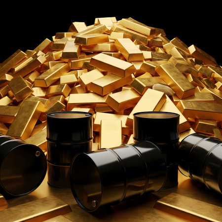 A close-up shot captures a hand holding a smartphone displaying a financial trading application with a candlestick chart. In the foreground, numerous gleaming gold bars and coins are strategically placed, symbolizing wealth, investment, and financial growth. The background is blurred but clearly shows a larger digital screen with a stock market chart, emphasizing the theme of online trading and financial markets. This image is ideal for conveying concepts related to cryptocurrency, stock trading, gold investment, mobile finance, wealth management, and digital economy. It suggests a modern approach to investment and the potential for significant returnsの素材