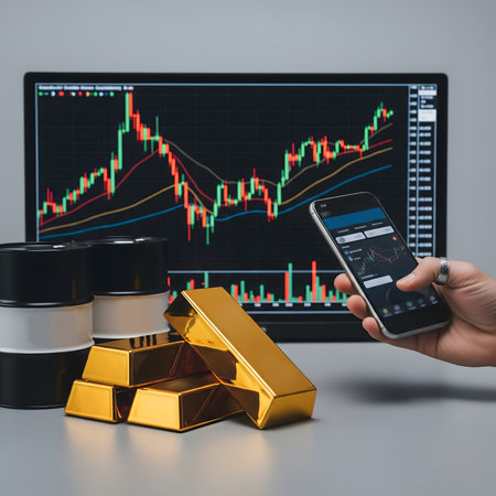 A close-up shot captures a hand holding a smartphone displaying a financial trading application with a candlestick chart. In the foreground, numerous gleaming gold bars and coins are strategically placed, symbolizing wealth, investment, and financial growth. The background is blurred but clearly shows a larger digital screen with a stock market chart, emphasizing the theme of online trading and financial markets. This image is ideal for conveying concepts related to cryptocurrency, stock trading, gold investment, mobile finance, wealth management, and digital economy. It suggests a modern approach to investment and the potential for significant returnsの素材
