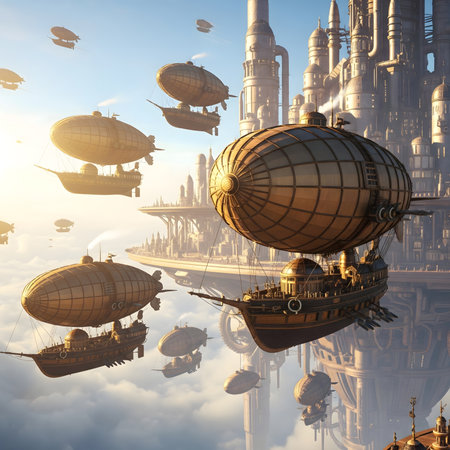 An awe-inspiring steampunk-inspired landscape showcases magnificent airships and dirigibles gracefully navigating the skies above a breathtaking futuristic city built on colossal floating platforms. The city features intricate architecture with domes, spires, and bridges, reflecting a blend of classic and advanced design. In the foreground, a prominent, highly detailed airship with intricate mechanical components and elegant sails dominates the view. Below, a misty layer of clouds hints at the vastness of the world beneath, while other smaller flying vehicles add to the sense of a bustling aerial metropolis. This image evokes wonder, adventure, and innovation, ideal for fantasy or sci-fi book covers, game concept art, digital wallpapers, or themes related to future technology and explorationの素材