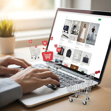 A dynamic close-up shot capturing a person's hands actively typing on a laptop keyboard and engaging with a smartphone, both displaying an e-commerce website with various product listings. The digital screens showcase a range of items, while illuminated, ethereal shopping cart icons float around the devices, symbolizing the convenience and ubiquitous nature of online shopping. The scene is set in a modern, slightly dim environment, highlighting the glow of the screens and the user's interaction with the digital marketplace. Ideal for themes of e-commerce, digital retail, online transactions, technology, consumerism, and modern lifestyleの素材