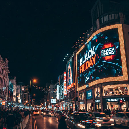 An isometric, high-angle view of a modern, sleek store with a large, glowing red neon sign that reads "BLACK FRIDAY". The scene is set at dusk or night, with the store's bright lights reflecting on the surrounding pavement. The building features large glass windows, showcasing products within. The street is lined with stylized, low-poly buildings and decorated with small Christmas trees, hinting at the holiday season. The overall aesthetic is a blend of modern urban architecture and festive holiday cheer, with a focus on the excitement of Black Friday sales. The image has a clean, digital art style with soft lighting and reflective surfacesの素材
