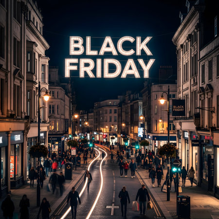 An isometric, high-angle view of a modern, sleek store with a large, glowing red neon sign that reads "BLACK FRIDAY". The scene is set at dusk or night, with the store's bright lights reflecting on the surrounding pavement. The building features large glass windows, showcasing products within. The street is lined with stylized, low-poly buildings and decorated with small Christmas trees, hinting at the holiday season. The overall aesthetic is a blend of modern urban architecture and festive holiday cheer, with a focus on the excitement of Black Friday sales. The image has a clean, digital art style with soft lighting and reflective surfacesの素材