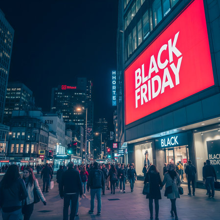 An isometric, high-angle view of a modern, sleek store with a large, glowing red neon sign that reads "BLACK FRIDAY". The scene is set at dusk or night, with the store's bright lights reflecting on the surrounding pavement. The building features large glass windows, showcasing products within. The street is lined with stylized, low-poly buildings and decorated with small Christmas trees, hinting at the holiday season. The overall aesthetic is a blend of modern urban architecture and festive holiday cheer, with a focus on the excitement of Black Friday sales. The image has a clean, digital art style with soft lighting and reflective surfacesの素材