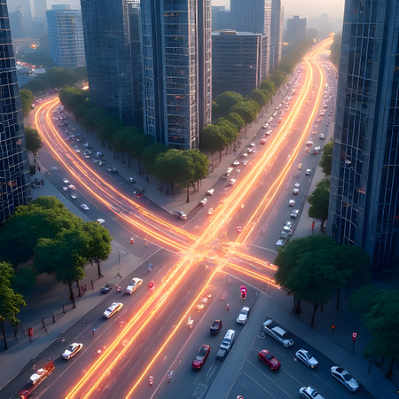 A high-angle, top-down view captures the dynamic activity of a city intersection. Multiple lanes of traffic are bustling with various cars, while pedestrians utilize the clearly marked crosswalks. Buildings and lush green trees line the streets, suggesting an urban environment. A prominent yellow location pin icon is centered over the intersection, highlighting a specific point of interest or navigation. This image is ideal for themes related to urban planning, transportation, navigation, city life, and technologyの素材