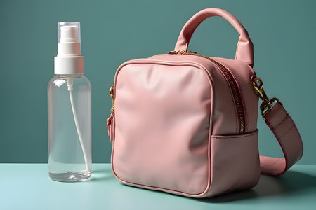 A close-up, studio shot of a modern and stylish dark teal duffel bag with leather accents. The bag features a main zippered compartment and a front pocket with a gold zipper. A translucent spray bottle, half-filled with a yellow liquid and featuring a white label with text, is positioned leaning against the side of the bag. The bag is shown against a neutral gray background, highlighting its color and texture. This image is perfect for travel, fashion, beauty, and product photography conceptsの素材