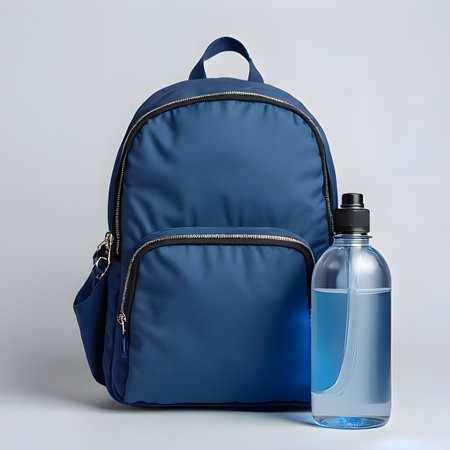 A close-up, studio shot of a modern and stylish dark teal duffel bag with leather accents. The bag features a main zippered compartment and a front pocket with a gold zipper. A translucent spray bottle, half-filled with a yellow liquid and featuring a white label with text, is positioned leaning against the side of the bag. The bag is shown against a neutral gray background, highlighting its color and texture. This image is perfect for travel, fashion, beauty, and product photography conceptsの素材