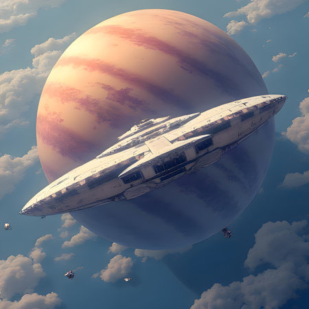 A sleek, futuristic spacecraft with a disc-like shape and detailed paneling glides through a sky filled with soft, glowing clouds. In the background, a massive, gas giant planet with prominent orange and white bands dominates the horizon, with two smaller moons visible nearby. The scene is bathed in the warm, ethereal light of a distant starの素材