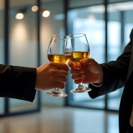 A celebratory moment in an office setting. Two businesspeople in suits shake hands while simultaneously toasting with champagne flutes. The glasses clink together, sparkling with bubbles, symbolizing a successful deal, partnership, or achievement. The background is a modern office with blurred city lights and warm, sophisticated lighting.の素材
