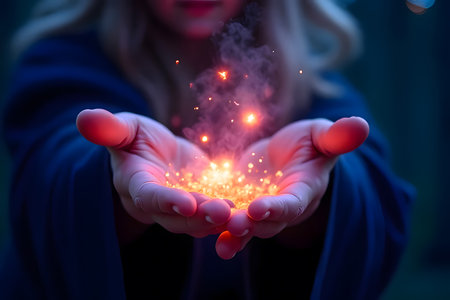A wizard or sorcerer's hand, adorned with intricate silver rings, is shown in a dynamic, close-up shot as it casts a powerful spell. A central, glowing magical circle with ancient symbols emanates from the palm, sending brilliant rays of light in multiple colorsâred, green, blue, and yellow. Surrounding the hand, dozens of ethereal, glowing runes and sigils float in the air, each connected to the central burst of energy by fine lines of light. The background is dimly lit, suggesting a mystical chamber or study, with soft, out-of-focus candlelight adding to the atmospheric and magical ambiance. This image is perfect for themes of fantasy, magic, witchcraft, gaming, and spiritual conceptsの素材