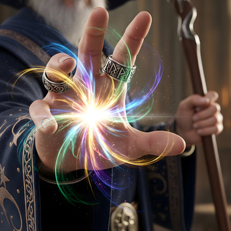 A wizard or sorcerer's hand, adorned with intricate silver rings, is shown in a dynamic, close-up shot as it casts a powerful spell. A central, glowing magical circle with ancient symbols emanates from the palm, sending brilliant rays of light in multiple colorsâred, green, blue, and yellow. Surrounding the hand, dozens of ethereal, glowing runes and sigils float in the air, each connected to the central burst of energy by fine lines of light. The background is dimly lit, suggesting a mystical chamber or study, with soft, out-of-focus candlelight adding to the atmospheric and magical ambiance. This image is perfect for themes of fantasy, magic, witchcraft, gaming, and spiritual conceptsの素材