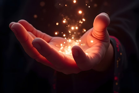 A wizard or sorcerer's hand, adorned with intricate silver rings, is shown in a dynamic, close-up shot as it casts a powerful spell. A central, glowing magical circle with ancient symbols emanates from the palm, sending brilliant rays of light in multiple colorsâred, green, blue, and yellow. Surrounding the hand, dozens of ethereal, glowing runes and sigils float in the air, each connected to the central burst of energy by fine lines of light. The background is dimly lit, suggesting a mystical chamber or study, with soft, out-of-focus candlelight adding to the atmospheric and magical ambiance. This image is perfect for themes of fantasy, magic, witchcraft, gaming, and spiritual conceptsの素材