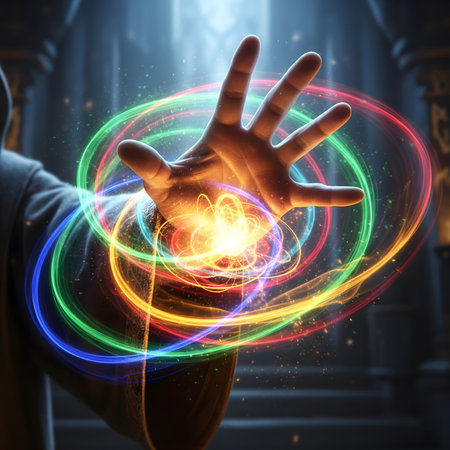 A wizard or sorcerer's hand, adorned with intricate silver rings, is shown in a dynamic, close-up shot as it casts a powerful spell. A central, glowing magical circle with ancient symbols emanates from the palm, sending brilliant rays of light in multiple colorsâred, green, blue, and yellow. Surrounding the hand, dozens of ethereal, glowing runes and sigils float in the air, each connected to the central burst of energy by fine lines of light. The background is dimly lit, suggesting a mystical chamber or study, with soft, out-of-focus candlelight adding to the atmospheric and magical ambiance. This image is perfect for themes of fantasy, magic, witchcraft, gaming, and spiritual conceptsの素材