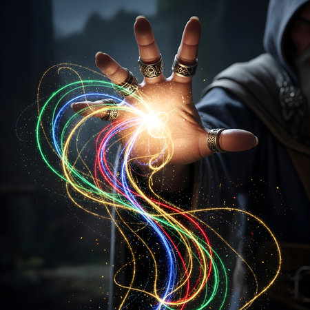 A wizard or sorcerer's hand, adorned with intricate silver rings, is shown in a dynamic, close-up shot as it casts a powerful spell. A central, glowing magical circle with ancient symbols emanates from the palm, sending brilliant rays of light in multiple colorsâred, green, blue, and yellow. Surrounding the hand, dozens of ethereal, glowing runes and sigils float in the air, each connected to the central burst of energy by fine lines of light. The background is dimly lit, suggesting a mystical chamber or study, with soft, out-of-focus candlelight adding to the atmospheric and magical ambiance. This image is perfect for themes of fantasy, magic, witchcraft, gaming, and spiritual conceptsの素材