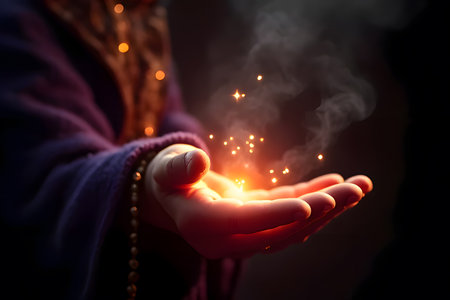 A wizard or sorcerer's hand, adorned with intricate silver rings, is shown in a dynamic, close-up shot as it casts a powerful spell. A central, glowing magical circle with ancient symbols emanates from the palm, sending brilliant rays of light in multiple colorsâred, green, blue, and yellow. Surrounding the hand, dozens of ethereal, glowing runes and sigils float in the air, each connected to the central burst of energy by fine lines of light. The background is dimly lit, suggesting a mystical chamber or study, with soft, out-of-focus candlelight adding to the atmospheric and magical ambiance. This image is perfect for themes of fantasy, magic, witchcraft, gaming, and spiritual conceptsの素材