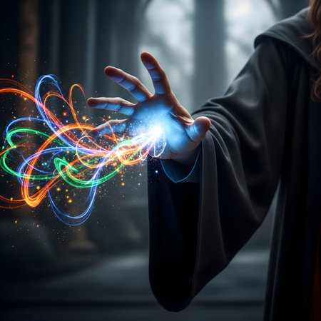 A wizard or sorcerer's hand, adorned with intricate silver rings, is shown in a dynamic, close-up shot as it casts a powerful spell. A central, glowing magical circle with ancient symbols emanates from the palm, sending brilliant rays of light in multiple colorsâred, green, blue, and yellow. Surrounding the hand, dozens of ethereal, glowing runes and sigils float in the air, each connected to the central burst of energy by fine lines of light. The background is dimly lit, suggesting a mystical chamber or study, with soft, out-of-focus candlelight adding to the atmospheric and magical ambiance. This image is perfect for themes of fantasy, magic, witchcraft, gaming, and spiritual conceptsの素材