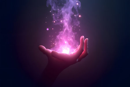 A wizard or sorcerer's hand, adorned with intricate silver rings, is shown in a dynamic, close-up shot as it casts a powerful spell. A central, glowing magical circle with ancient symbols emanates from the palm, sending brilliant rays of light in multiple colorsâred, green, blue, and yellow. Surrounding the hand, dozens of ethereal, glowing runes and sigils float in the air, each connected to the central burst of energy by fine lines of light. The background is dimly lit, suggesting a mystical chamber or study, with soft, out-of-focus candlelight adding to the atmospheric and magical ambiance. This image is perfect for themes of fantasy, magic, witchcraft, gaming, and spiritual conceptsの素材
