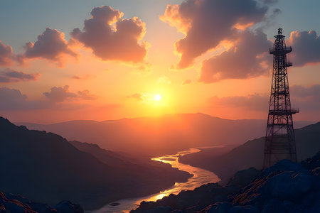 A conceptual image divided into four quadrants representing the shift from polluting energy sources to sustainable alternatives. The top left shows a field of wind turbines silhouetted against a vibrant sunset, symbolizing renewable wind power. Below it, a solar panel farm basks in the golden light with an electric car charging, representing solar energy and electric mobility, marked with a green plus sign indicating positive impact. The top right depicts a coal power plant emitting thick smoke, signifying traditional fossil fuel energy. The bottom right shows an oil refinery and a large tanker ship, representing the oil and gas industry, marked with a red minus sign indicating negative environmental impact. Green arrows suggest a transition from fossil fuels to clean energy. This image  the urgent need for a sustainable energy future, contrasting the environmental costs of traditional energy with the benefits of renewablesの素材