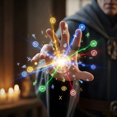 A wizard or sorcerer's hand, adorned with intricate silver rings, is shown in a dynamic, close-up shot as it casts a powerful spell. A central, glowing magical circle with ancient symbols emanates from the palm, sending brilliant rays of light in multiple colorsâred, green, blue, and yellow. Surrounding the hand, dozens of ethereal, glowing runes and sigils float in the air, each connected to the central burst of energy by fine lines of light. The background is dimly lit, suggesting a mystical chamber or study, with soft, out-of-focus candlelight adding to the atmospheric and magical ambiance. This image is perfect for themes of fantasy, magic, witchcraft, gaming, and spiritual conceptsの素材