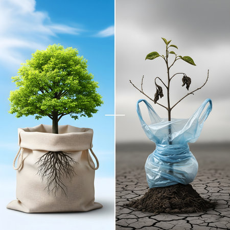 A conceptual image divided into four quadrants representing the shift from polluting energy sources to sustainable alternatives. The top left shows a field of wind turbines silhouetted against a vibrant sunset, symbolizing renewable wind power. Below it, a solar panel farm basks in the golden light with an electric car charging, representing solar energy and electric mobility, marked with a green plus sign indicating positive impact. The top right depicts a coal power plant emitting thick smoke, signifying traditional fossil fuel energy. The bottom right shows an oil refinery and a large tanker ship, representing the oil and gas industry, marked with a red minus sign indicating negative environmental impact. Green arrows suggest a transition from fossil fuels to clean energy. This image  the urgent need for a sustainable energy future, contrasting the environmental costs of traditional energy with the benefits of renewablesの素材