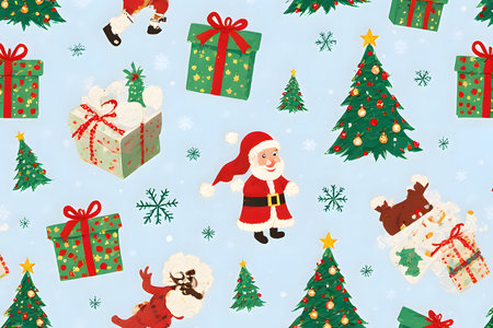 Description: A seamless, hand-drawn Christmas pattern featuring delightful gingerbread men, classic red and green holly, festive candy canes, and sparkling ornaments. This charming design also incorporates intricate snowflakes and elegantly wrapped gift boxes, all set against a warm, light background. Perfect for holiday stationery, fabric, gift wrap, digital papers, and various festive projects. The cheerful and detailed elements evoke a cozy, traditional Christmas feel.の素材