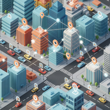 smart city, rendered in a clean, professional 3D style. The image depicts a connected urban environment with a network of glowing lines and location pins linking buildings and autonomous vehicles. The scene is set on a dark blue background, making the vibrant network and the subtle glowing details of the buildings stand out. It features a central intersection with cars moving smoothly, representing concepts of intelligent traffic management, data flow, and modern urban planning. This digital illustration is ideal for presentations, websites, and articles focused on technology, the future of transportation, urban development, and AI-driven solutionsの素材