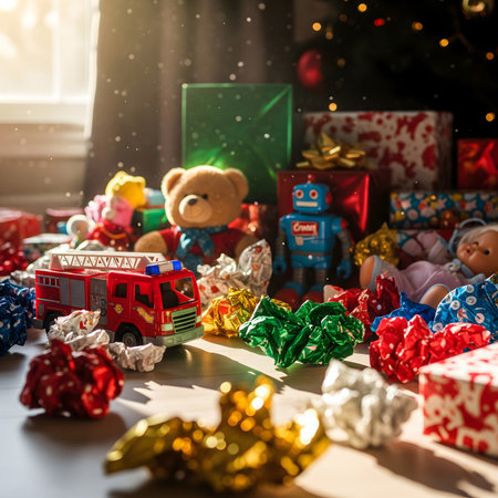 A heartwarming and realistic scene of the aftermath of opening Christmas presents. The image captures a joyful mess of colorful wrapping paper, tangled ribbons, and shiny bows scattered across a grey floor. Featured prominently are a teddy bear wearing a Santa hat, a red toy truck, a gingerbread cookie, and other toys and candies. The soft, natural light filtering in from a window adds a cozy and authentic holiday feel, perfect for illustrating the excitement and chaos of Christmas morning.の素材