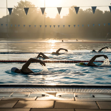 A dedicated male swimmer is captured in a dynamic moment, practicing his laps in an outdoor swimming pool during a sun-drenched afternoon. This shot highlights the power and grace of his stroke, with water splashing and sunlight reflecting beautifully off the surface. Perfect for themes related to sports, fitness, health, determination, and professional training.の素材
