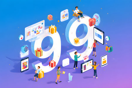 A vibrant and dynamic scene capturing the excitement of a 9.9 mega shopping day. A diverse and happy crowd, including families and friends, are celebrating as a stream of gifts and electronic gadgets bursts forth from large screens, with the prominent '9.9' in the center. This image is ideal for advertising sales, promotions, e-commerce, online shopping events, and digital marketing campaigns focused on big discount daysの素材