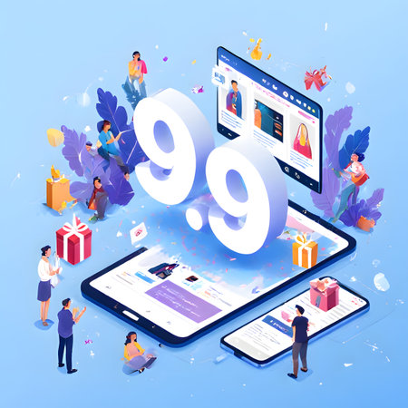 A vibrant and dynamic scene capturing the excitement of a 9.9 mega shopping day. A diverse and happy crowd, including families and friends, are celebrating as a stream of gifts and electronic gadgets bursts forth from large screens, with the prominent '9.9' in the center. This image is ideal for advertising sales, promotions, e-commerce, online shopping events, and digital marketing campaigns focused on big discount daysの素材