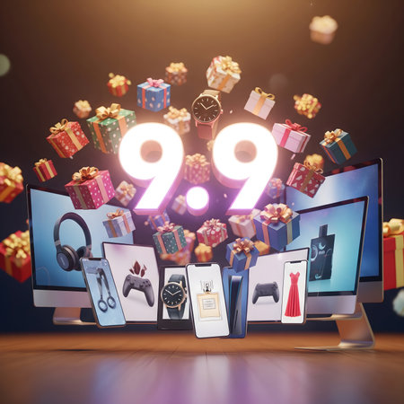 A vibrant and dynamic scene capturing the excitement of a 9.9 mega shopping day. A diverse and happy crowd, including families and friends, are celebrating as a stream of gifts and electronic gadgets bursts forth from large screens, with the prominent '9.9' in the center. This image is ideal for advertising sales, promotions, e-commerce, online shopping events, and digital marketing campaigns focused on big discount daysの素材