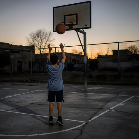 A young boy is captured from behind, enthusiastically taking a shot at a basketball hoop on an outdoor court. The scene is set against a warm, dramatic sunset sky, creating a beautiful silhouette effect. This image evokes feelings of hope, determination, and the joy of sports, making it perfect for themes related to youth sports, childhood, personal achievement, outdoor recreation, and community.の素材