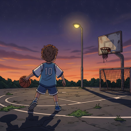 A young boy is captured from behind, enthusiastically taking a shot at a basketball hoop on an outdoor court. The scene is set against a warm, dramatic sunset sky, creating a beautiful silhouette effect. This image evokes feelings of hope, determination, and the joy of sports, making it perfect for themes related to youth sports, childhood, personal achievement, outdoor recreation, and community.の素材