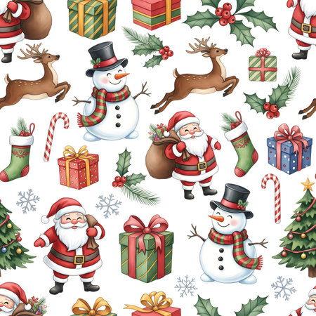 A charming and cheerful seamless pattern featuring classic Christmas characters and elements. This festive design includes watercolor of jolly Santa Claus, adorable snowmen, friendly reindeer, decorated Christmas trees, gift boxes, candy canes, and holly berries. Ideal for a wide range of holiday-themed projects such as wrapping paper, fabric, greeting cards, digital backgrounds, invitations, and seasonal decorations.の素材