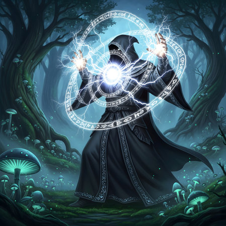 A powerful, bearded wizard in a purple robe and pointed hat conjures two swirling orbs of glowing magic. He is surrounded by a diverse group of fantastical creatures and mythical beings in a dark, enchanted forest under a crescent moon. The scene is illuminated by the magical energy and features large, red and white spotted mushrooms in the foreground, adding to the fairytale and fantasy atmosphere. This image captures a moment of ritual, magic, and fellowship among magical entities, perfect for themes of fantasy, folklore, sorcery, mythology, and magical gatheringsの素材