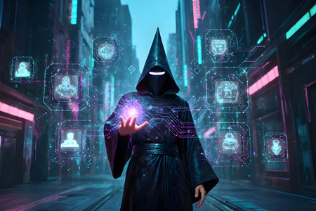 conveys a blend of cyberpunk and mystical magic. A man in a black hoodie stands in the center of a neon-lit city street, with both hands extended as if controlling mysterious energy floating around him. This energy appears in the form of glowing hexagonal crystals in shades of purple and blue, connected by glowing digital circuits. Each crystal displays small holographic images of data and people, symbolizing the fusion of the digital and spiritual worlds. The image is filled with a mysterious, modern, and intriguing atmosphere, suitable for use as a book cover, poster, or for sci-fi and fantasy contentの素材
