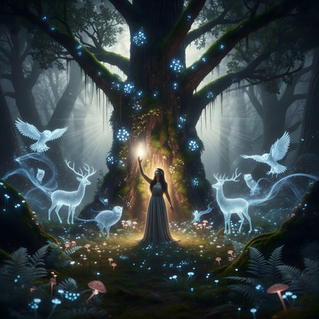 A serene and ethereal woman, a guardian of the forest, stands with her hand outstretched, summoning a mystical light. She is at the base of a majestic, ancient tree adorned with glowing blue lights, symbolizing a sacred Tree of Life. Around her, spectral animalsâtwo stags and two owlsâmaterialize from swirling blue energy, serving as her spiritual companions. The enchanted forest floor is covered in glowing mushrooms and ferns, bathed in a soft, magical light. This image evokes feelings of tranquility, magic, nature, and fantasy, and is perfect for themes of environmentalism, folklore, spirituality, and ancient mythology.の素材