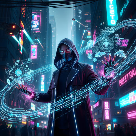 conveys a blend of cyberpunk and mystical magic. A man in a black hoodie stands in the center of a neon-lit city street, with both hands extended as if controlling mysterious energy floating around him. This energy appears in the form of glowing hexagonal crystals in shades of purple and blue, connected by glowing digital circuits. Each crystal displays small holographic images of data and people, symbolizing the fusion of the digital and spiritual worlds. The image is filled with a mysterious, modern, and intriguing atmosphere, suitable for use as a book cover, poster, or for sci-fi and fantasy contentの素材