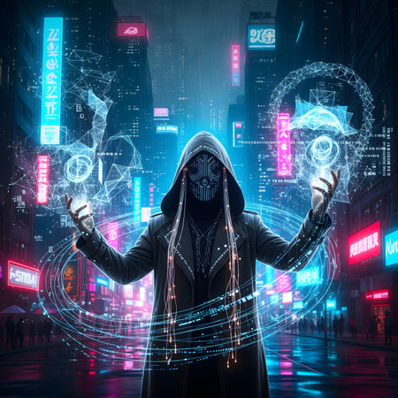 conveys a blend of cyberpunk and mystical magic. A man in a black hoodie stands in the center of a neon-lit city street, with both hands extended as if controlling mysterious energy floating around him. This energy appears in the form of glowing hexagonal crystals in shades of purple and blue, connected by glowing digital circuits. Each crystal displays small holographic images of data and people, symbolizing the fusion of the digital and spiritual worlds. The image is filled with a mysterious, modern, and intriguing atmosphere, suitable for use as a book cover, poster, or for sci-fi and fantasy contentの素材