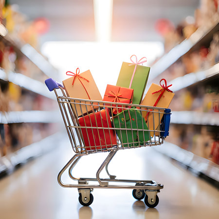 festive atmosphere of celebration and holiday shopping. A supermarket shopping cart is filled with beautifully wrapped, colorful gifts and shopping bags. The gift boxes are tied with multi-colored ribbons and have different patterns, looking exciting and ready to be given to someone special. The background shows a blurry store with shelves and a "SALE & GIFTS" sign, adding depth to the image and focusing on the cart full of presents. This image is perfect for use in advertisements, promotions, or content related to holiday seasons, gift shopping, shopping, and celebrationsの素材