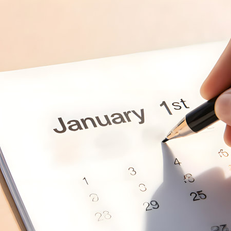desk calendar opened to the first page of January, with a focus on January 1st. A hand holding a black pen is writing or marking something on that date. Soft light creates a beautiful shadow on the paper, symbolizing the start of a new year, planning, or marking an important date. This image conveys hope, new beginnings, and looking forward. It is suitable for content related to the new year, planning, goal-setting, or time managemenの素材